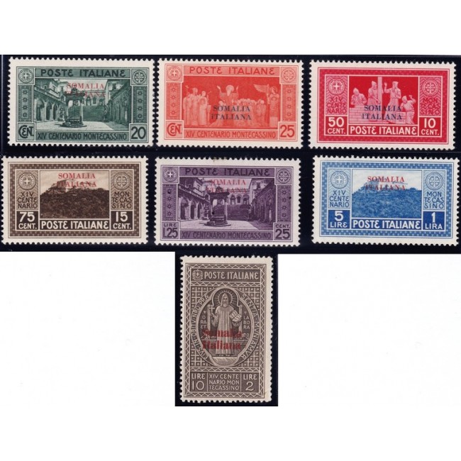 1929 Montecassino. Francobolli d'Italia n. 262-68 in colori cambiati, soprastampati