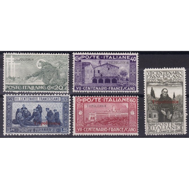 1926 San Francesco. Francobolli d'Italia n. 192,194,195,197 e 199 soprastampati (il n. 32 in colore cambiato)