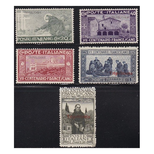 1926 San Francesco. Francobolli d'Italia n. 192, 194, 195, 197 e 199 soprastampati (il n. 32 in colore cambiato)