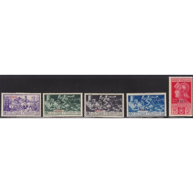 1930 Ferrucci - Rodi. Francobolli d'Italia n. 276-80 in colori cambiati, soprastampati