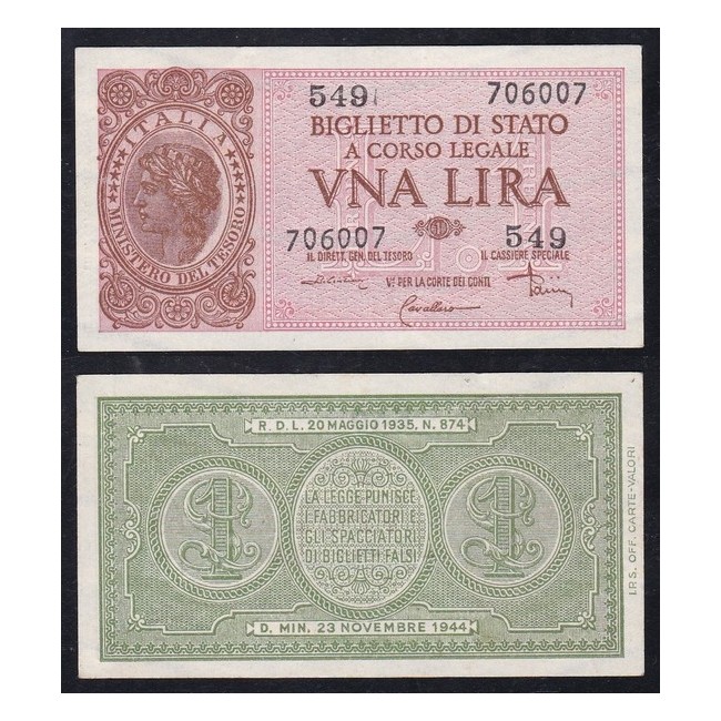 Biglietti di stato 1 Lira 1944 Italia Laureata