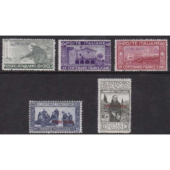 1926 San Francesco. Francobolli d'Italia n. 192, 194, 195, 197 e 199 soprastampati (il n. 85 in colore cambiato)