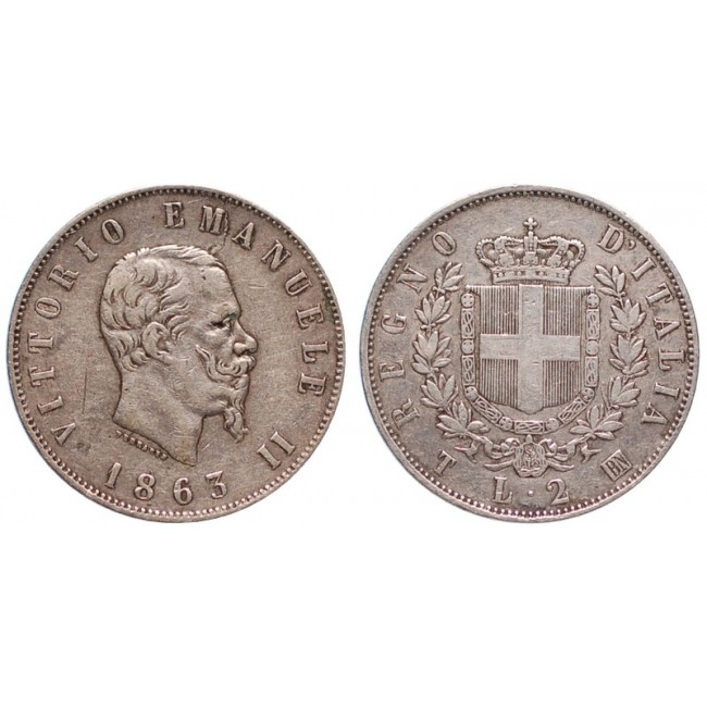 2 Lire 1863 stemma Zecca di Torino