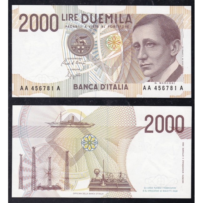 Biglietti di banca 2.000 Lire 1990 Guglielmo Marconi (Tripla A)