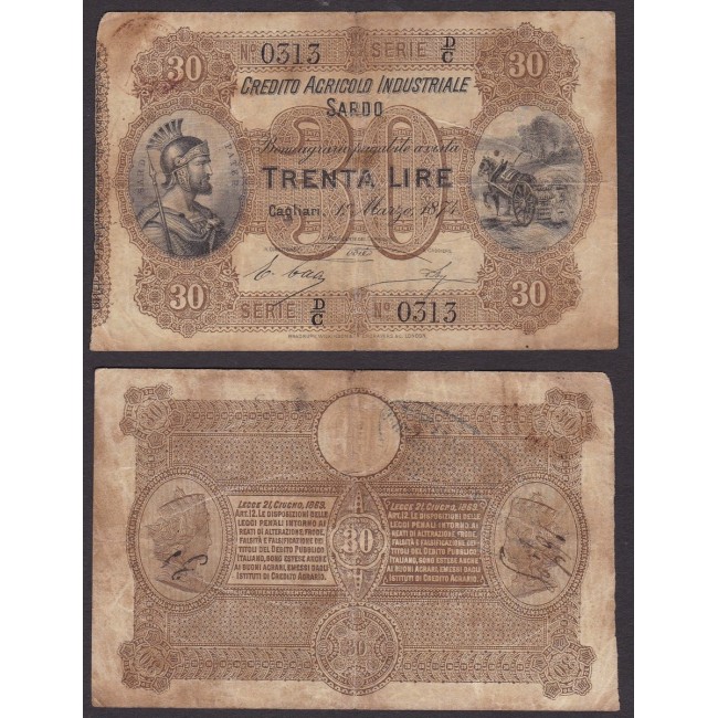 Credito Agricolo Industriale Sardo 30 Lire 1874
