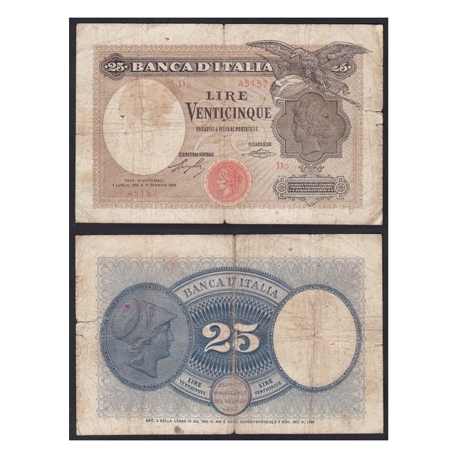 Biglietti di banca  25 Lire 1918 Aquila latina